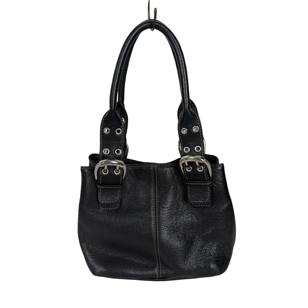 Tignanello Black Leather Pebbled Satchel Bag Silver Hardware Buckle Accent
